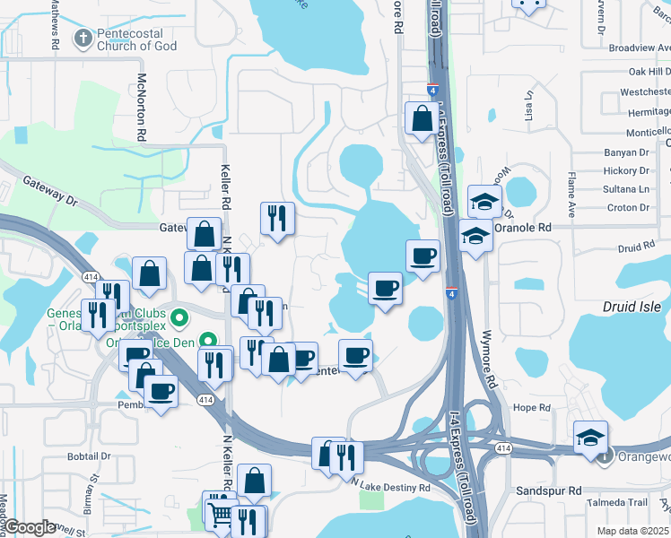map of restaurants, bars, coffee shops, grocery stores, and more near 1000 Winderley Place in Maitland