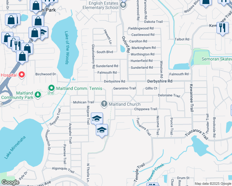 map of restaurants, bars, coffee shops, grocery stores, and more near 2011 Thunderbird Trail in Maitland