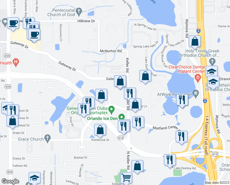 map of restaurants, bars, coffee shops, grocery stores, and more near 8770 Maitland Summit Boulevard in Orlando