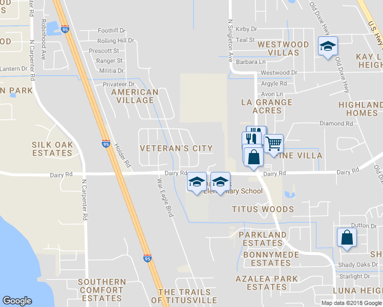 map of restaurants, bars, coffee shops, grocery stores, and more near 1545 Liberty Tree Road in Titusville