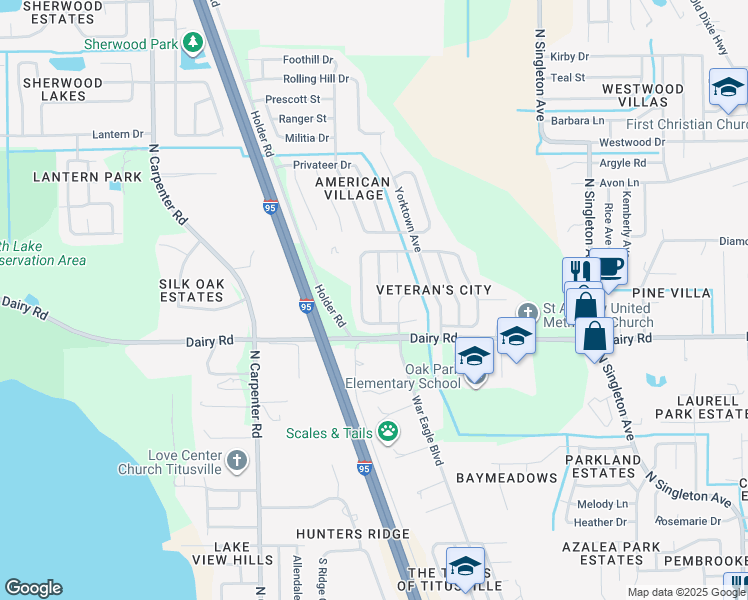 map of restaurants, bars, coffee shops, grocery stores, and more near 1523 West Powder Horn Road in Titusville