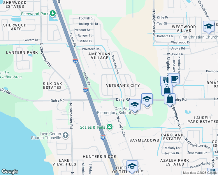 map of restaurants, bars, coffee shops, grocery stores, and more near 1539 Lafayette Avenue in Titusville