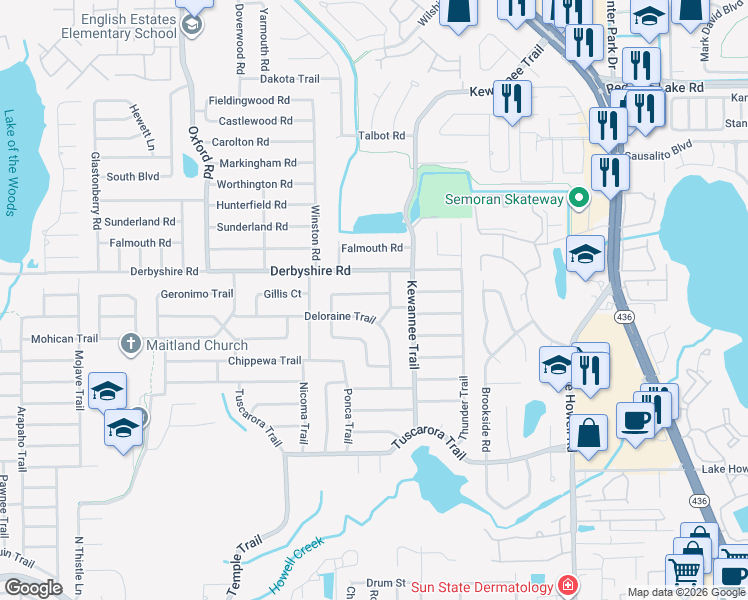 map of restaurants, bars, coffee shops, grocery stores, and more near 2451 Mcintosh Way in Maitland