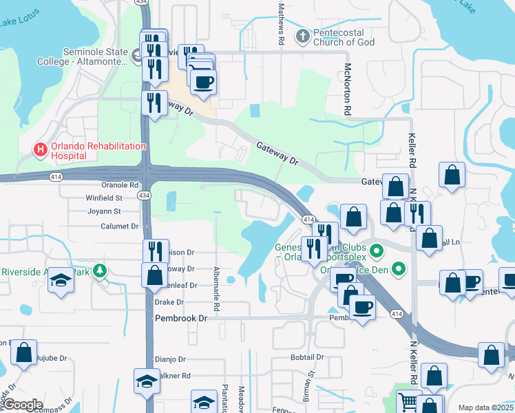 map of restaurants, bars, coffee shops, grocery stores, and more near 9012 Summit Centre Way in Orlando