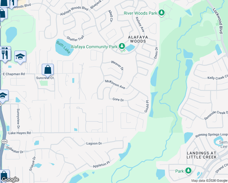 map of restaurants, bars, coffee shops, grocery stores, and more near 1002 Gore Drive in Oviedo