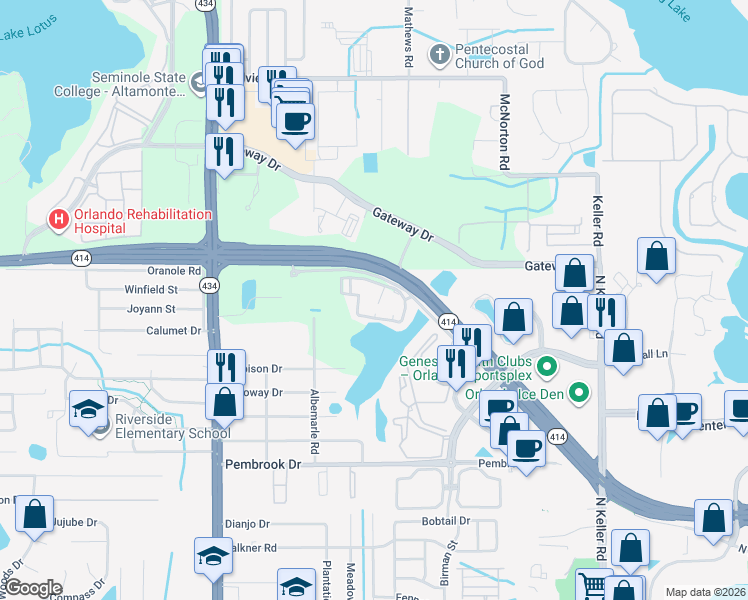 map of restaurants, bars, coffee shops, grocery stores, and more near 9012 Summit Centre Way in Orlando