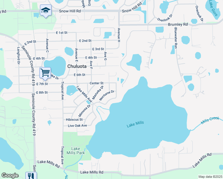 map of restaurants, bars, coffee shops, grocery stores, and more near 795 Fantasy Lane in Chuluota