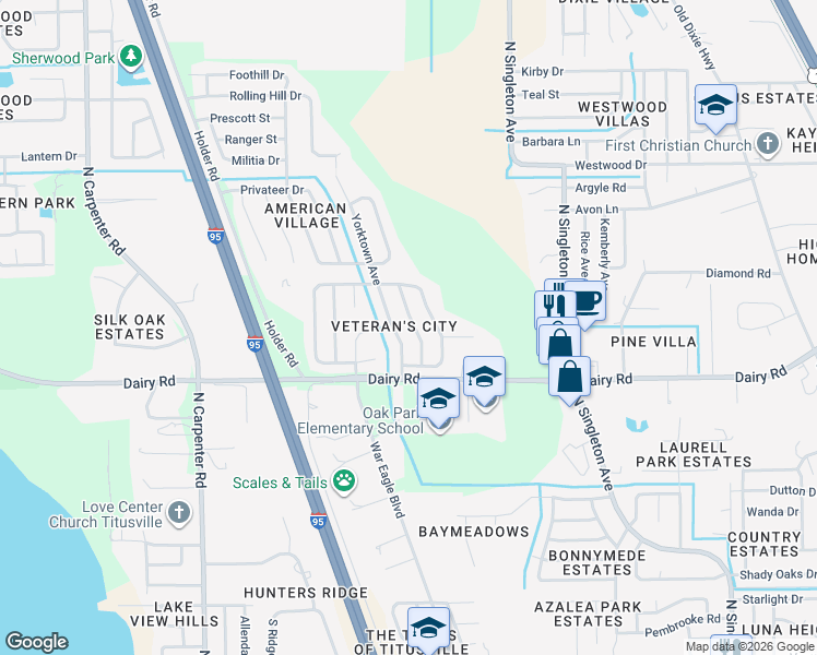 map of restaurants, bars, coffee shops, grocery stores, and more near 1556 Liberty Tree Road in Titusville