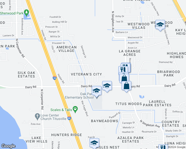 map of restaurants, bars, coffee shops, grocery stores, and more near 1555 Liberty Tree Road in Titusville