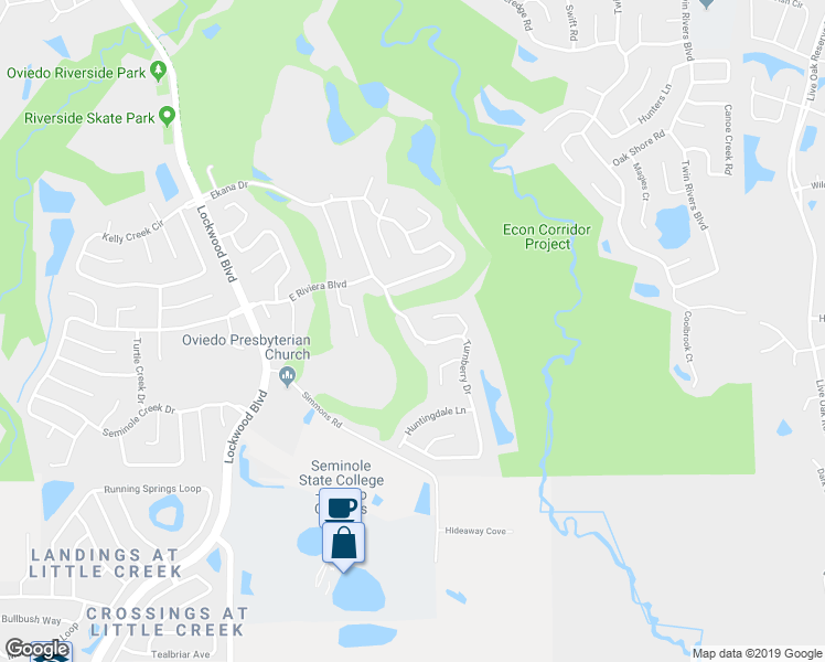 map of restaurants, bars, coffee shops, grocery stores, and more near 2116 Turnberry Drive in Oviedo