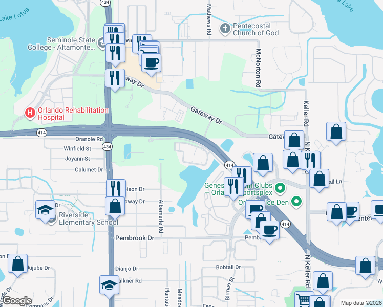 map of restaurants, bars, coffee shops, grocery stores, and more near 9012 Summit Centre Way in Orlando