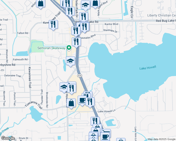 map of restaurants, bars, coffee shops, grocery stores, and more near 1172 Calle Del Rey in Casselberry