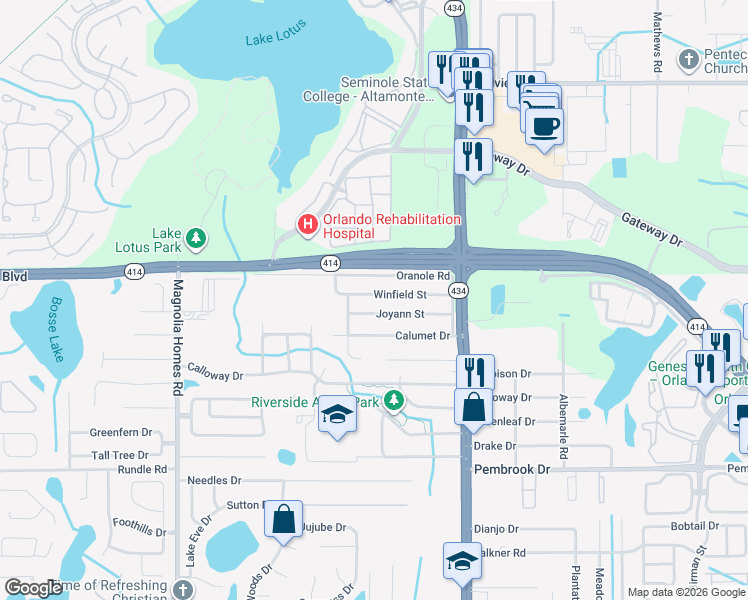 map of restaurants, bars, coffee shops, grocery stores, and more near 3105 Winfield Street in Orlando