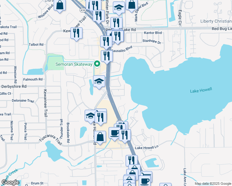 map of restaurants, bars, coffee shops, grocery stores, and more near 1158 Calle Del Norte in Casselberry