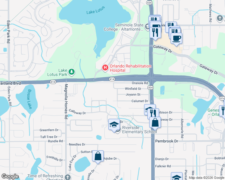 map of restaurants, bars, coffee shops, grocery stores, and more near 3400 Oranole Road in Orlando