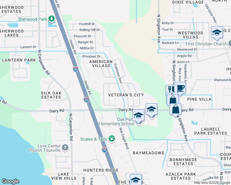 map of restaurants, bars, coffee shops, grocery stores, and more near 1556 Quill Court in Titusville