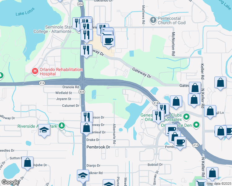 map of restaurants, bars, coffee shops, grocery stores, and more near 9301 Summit Centre Way in Orlando