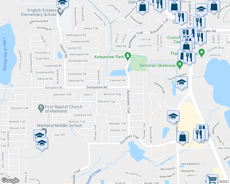 map of restaurants, bars, coffee shops, grocery stores, and more near 2451 Mcintosh Way in Maitland