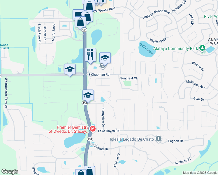 map of restaurants, bars, coffee shops, grocery stores, and more near 108 Hanging Moss Drive in Oviedo