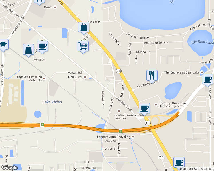 map of restaurants, bars, coffee shops, grocery stores, and more near 2609 Apopka Boulevard in Apopka