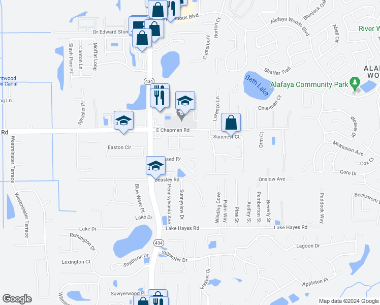 map of restaurants, bars, coffee shops, grocery stores, and more near 112 Hanging Moss Drive in Oviedo