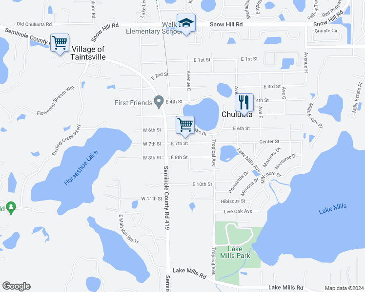 map of restaurants, bars, coffee shops, grocery stores, and more near 114 East 7th Street in Chuluota