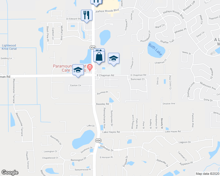 map of restaurants, bars, coffee shops, grocery stores, and more near 136 Hanging Moss Drive in Oviedo
