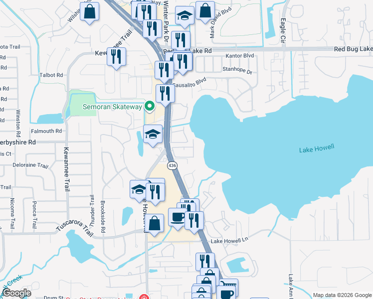 map of restaurants, bars, coffee shops, grocery stores, and more near 1158 Calle Del Norte in Casselberry