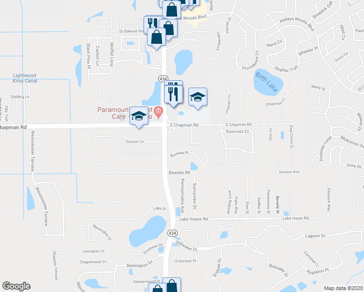 map of restaurants, bars, coffee shops, grocery stores, and more near 160 Hanging Moss Drive in Oviedo
