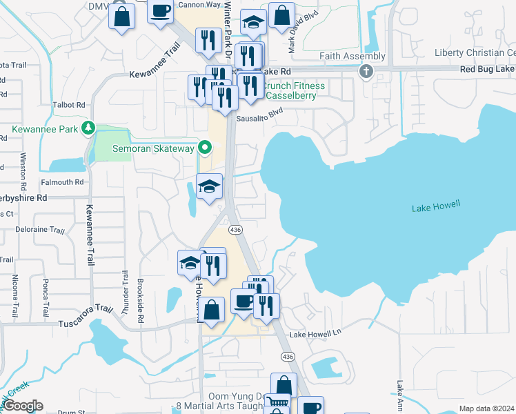 map of restaurants, bars, coffee shops, grocery stores, and more near 1160 Calle Del Norte in Casselberry
