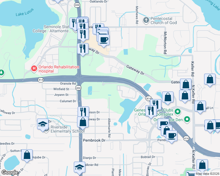 map of restaurants, bars, coffee shops, grocery stores, and more near 9301 Summit Centre Way in Orlando
