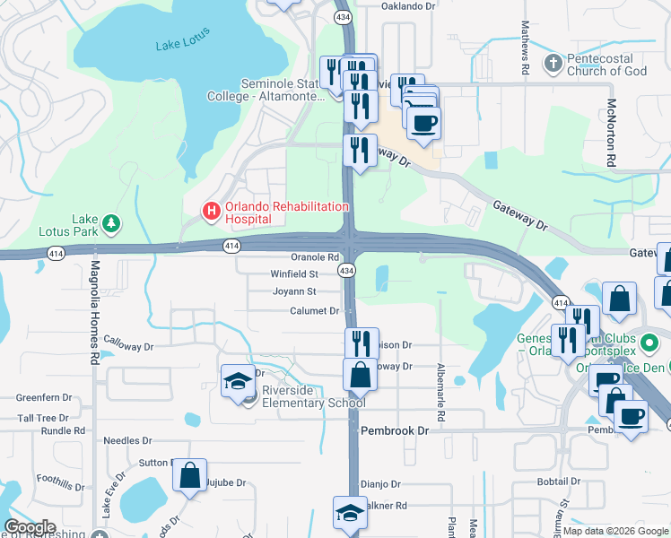map of restaurants, bars, coffee shops, grocery stores, and more near 2903 Winfield Street in Orlando