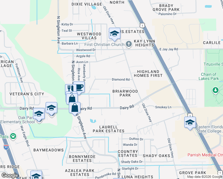 map of restaurants, bars, coffee shops, grocery stores, and more near 1516 Wakefield Terrace in Titusville