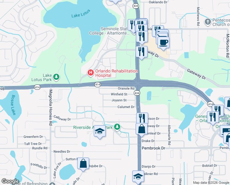 map of restaurants, bars, coffee shops, grocery stores, and more near 3105 Winfield Street in Orlando