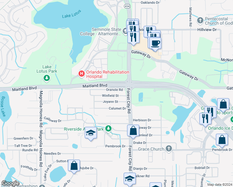 map of restaurants, bars, coffee shops, grocery stores, and more near 3005 Winfield Street in Orlando