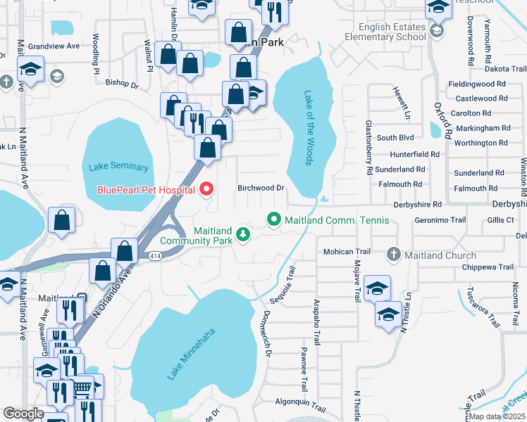 map of restaurants, bars, coffee shops, grocery stores, and more near 255 Ashwood Drive in Maitland