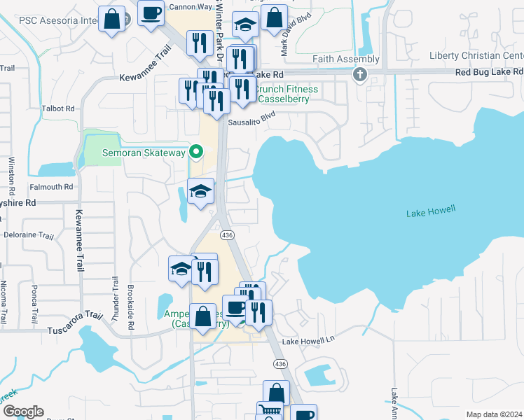 map of restaurants, bars, coffee shops, grocery stores, and more near 1180 Paseo Del Mar in Casselberry