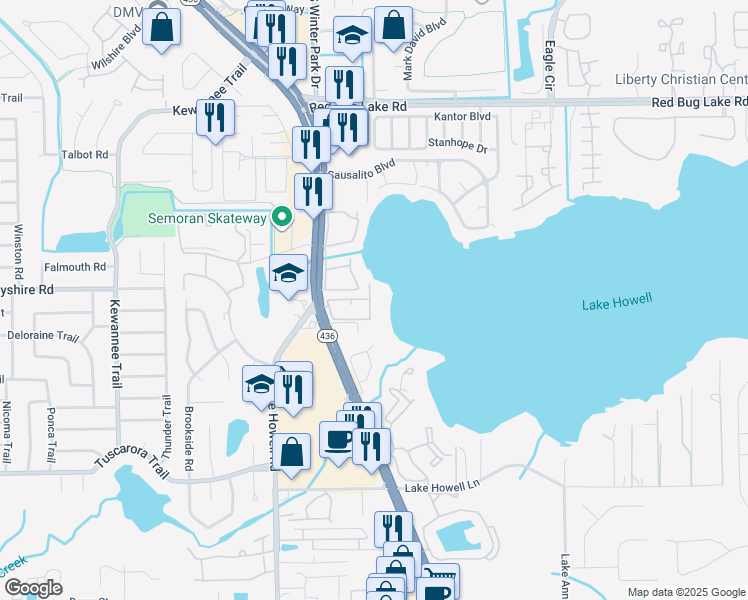 map of restaurants, bars, coffee shops, grocery stores, and more near 1180 Paseo Del Mar in Casselberry