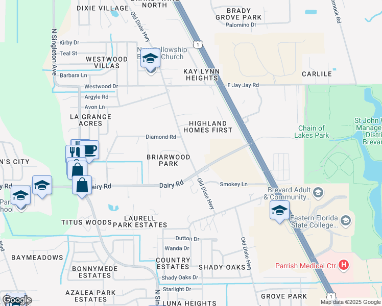 map of restaurants, bars, coffee shops, grocery stores, and more near 1575 Old Dixie Highway in Titusville