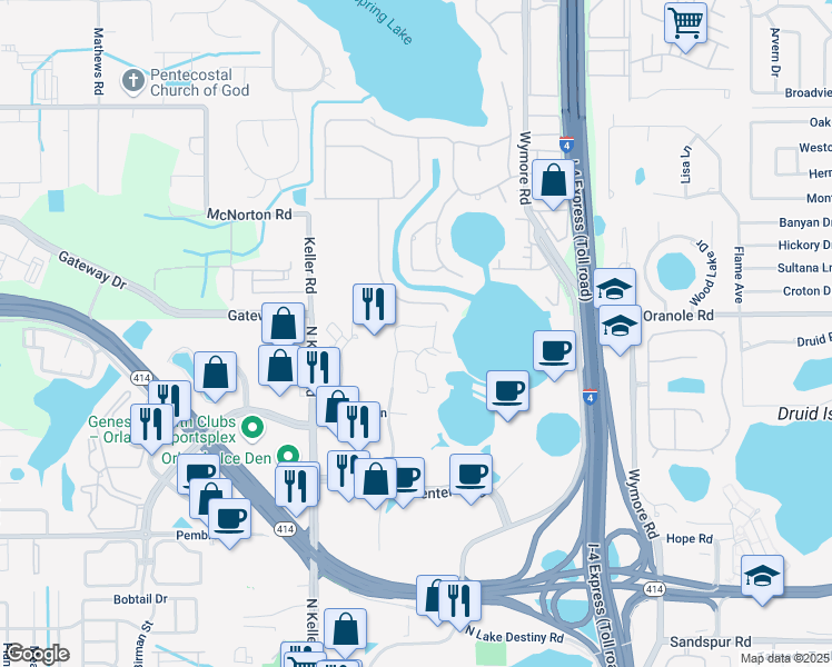 map of restaurants, bars, coffee shops, grocery stores, and more near 1010-103 Winderley Place in Maitland