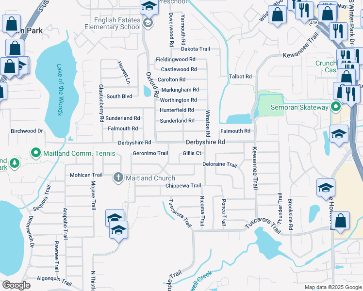 map of restaurants, bars, coffee shops, grocery stores, and more near 2350 Derbyshire Road in Maitland