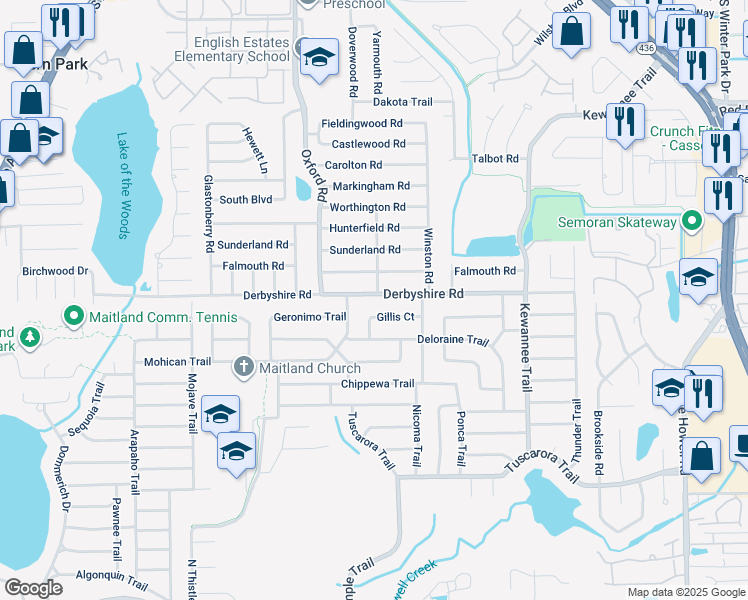 map of restaurants, bars, coffee shops, grocery stores, and more near 2350 Derbyshire Road in Maitland