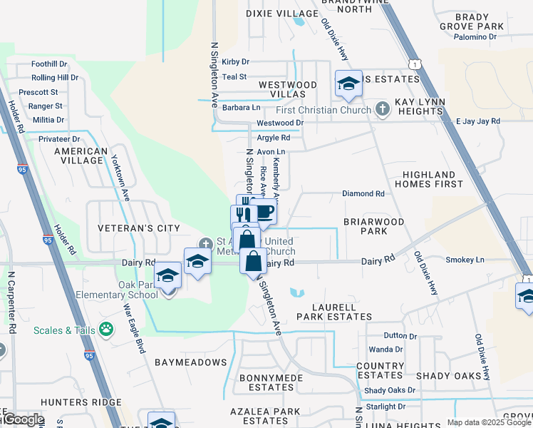 map of restaurants, bars, coffee shops, grocery stores, and more near 3195 Ellen Drive in Titusville