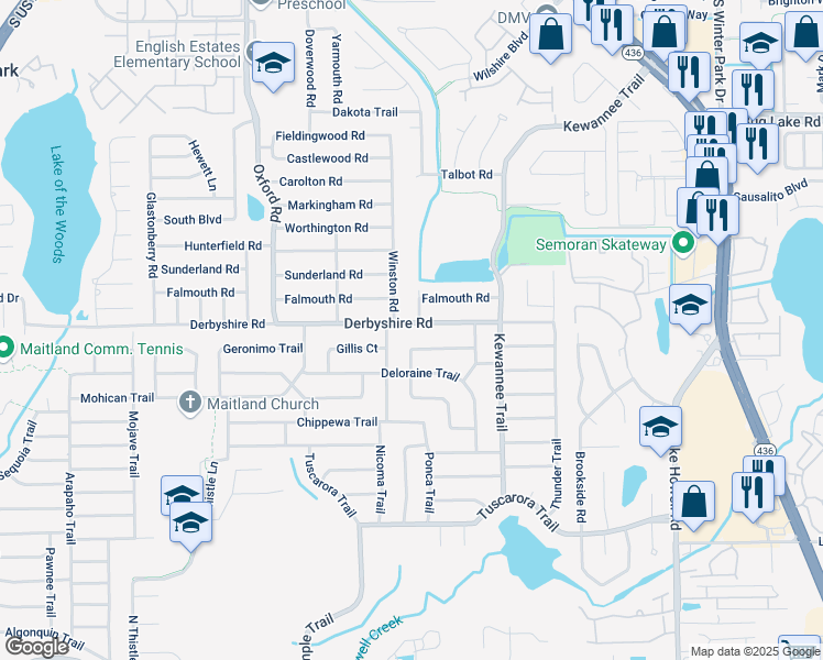 map of restaurants, bars, coffee shops, grocery stores, and more near 941 Collie Lane in Maitland