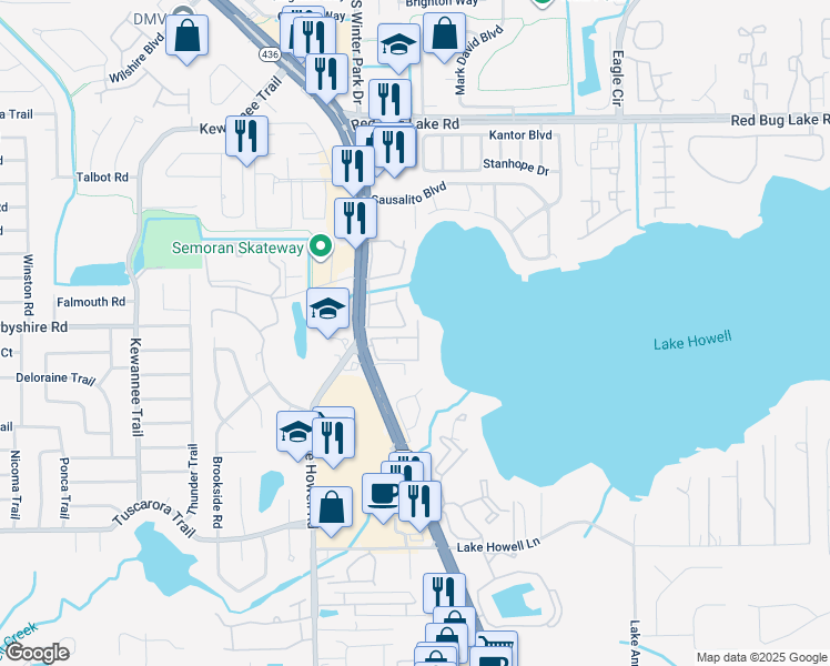 map of restaurants, bars, coffee shops, grocery stores, and more near 1158 Calle Del Norte in Casselberry