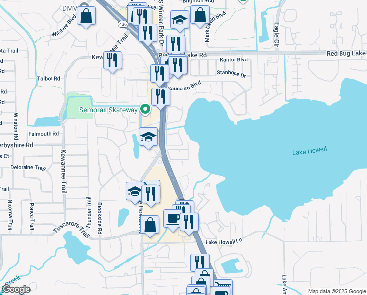 map of restaurants, bars, coffee shops, grocery stores, and more near 1158 Calle Del Norte in Casselberry