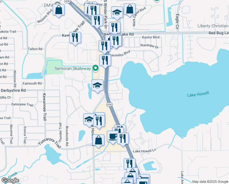 map of restaurants, bars, coffee shops, grocery stores, and more near 1158 Calle Del Norte in Casselberry