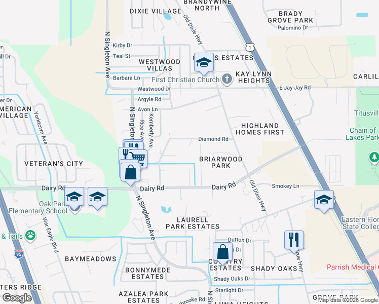 map of restaurants, bars, coffee shops, grocery stores, and more near 1516 Wakefield Terrace in Titusville