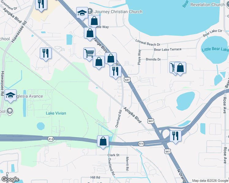 map of restaurants, bars, coffee shops, grocery stores, and more near 2609 Apopka Boulevard in Apopka
