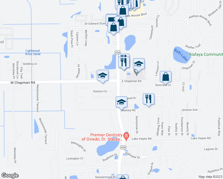 map of restaurants, bars, coffee shops, grocery stores, and more near 116 Easton Circle in Oviedo